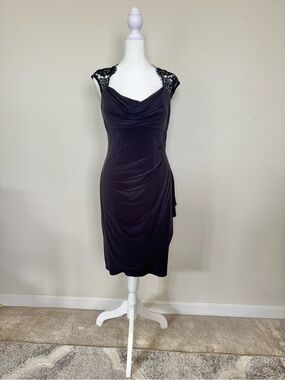 Xscape Black Lace Cap Sleeve Draped Midi Dress